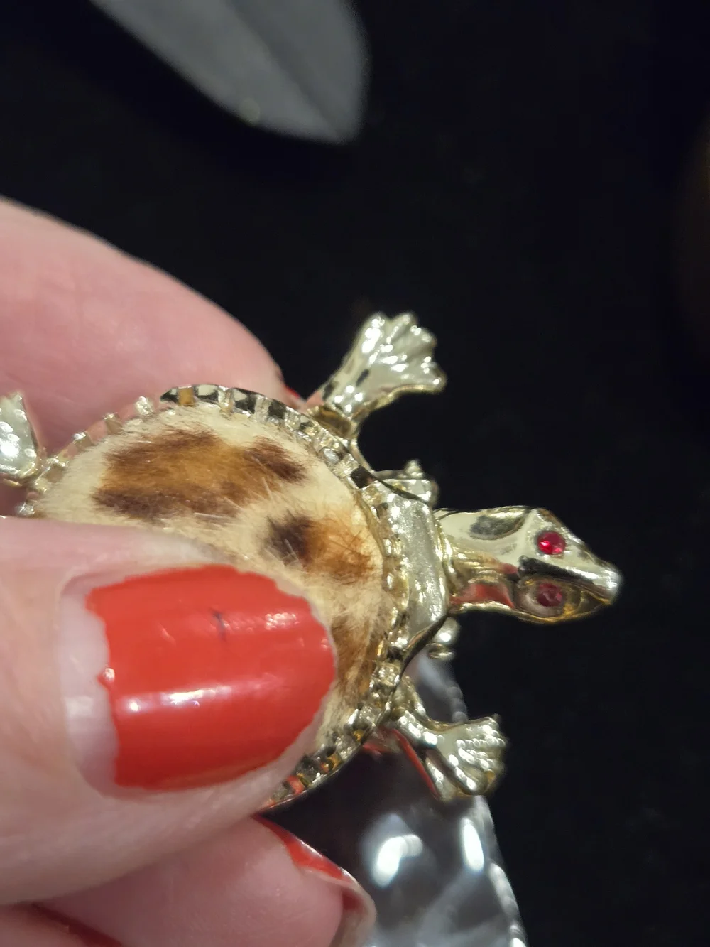 Mid-century Turtle Novelty Locket Brooch with Faux Fur